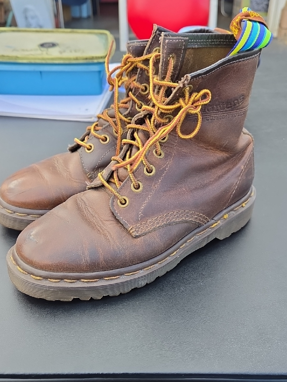 Dr. Martens Brown Leather Lace-Up Ankle Boots with Yellow Stitching